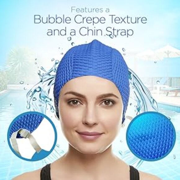 Beemo Swim Cap Women Chin Strap Bubble Crepe Latex Long Short Hair - Lavender - Picture 5 of 6